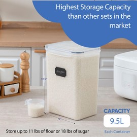 Jumbo 9.5L / 10 qt / 320 Oz Food Storage Airtight Pantry Containers [Set of 2] SPACIOUS & DEEP + BONUS 2 Measuring Cups - Ideal for Sugar, Flour - Transparent Plastic - Leakproof - BPA Free - Clear