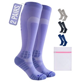 360 RELIEF 2 Pairs Compression Socks for Women & Men - 15-20 mmHg, Enhanced Cushioned Fit, Soft & Breathable for Sports, Travel, Running, Pregnancy, M/L, Purple + Laundry Bag