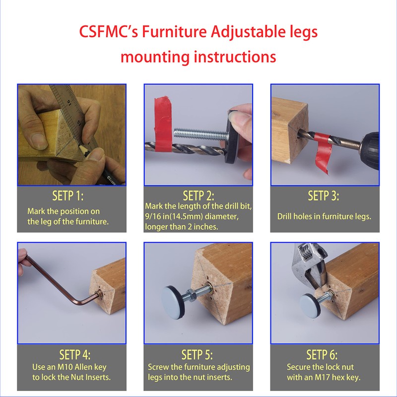 CSFMC Furniture Leveler PTFE(Teflon) Bottom(50mm Large Base),Thread Shank(3/8-16) Adjust Pads,Table/Chair/Cabinet/Sofa