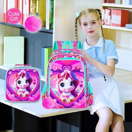 TXHVO 16" Unicorn Backpack for Girls, 3Pcs School Bookbag with Lunch Box, Kids Backpacks for Elementary Preschool Kindergarten(Pink)