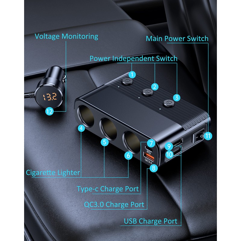7 in 1 Cigarette Lighter Splitter, LIHAN 3 Socket Car