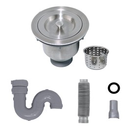 KARBI Kit Desagüe para Tarja de Cocina - Contracanasta con Colador 3-1/2" + Sifón + Céspol Flexible Doble - Tubo de Drenaje para Fregadero - Acero Inoxidable Color Plateado (Individual)