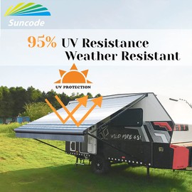 Suncode RV Awning Fabric Replacement Waterpoof Sun Shade Screen Universal Fit Camper Awning Replacement 16oz Vinyl RV Canopy Travel Trailer Awning Replacement 12 Feet Blue Stripes
