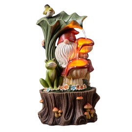 Kalona Gnome Outdoor Fountain with LED Lights, Resin Tree Stump Waterfall Fountain for Patio Balcony Yard, 21" Tall Garden Water Feature 25007