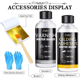 Gold Leaf Gilding Adhesive Kit - 3.5oz Water Based Adhesive and 3.5oz Varnish with Brush, Gold Leaf Sheets 100 pcs, Gold Leaf Adhesive Set for Foil Arts, Crafts, Painting, Furniture and Decoration
