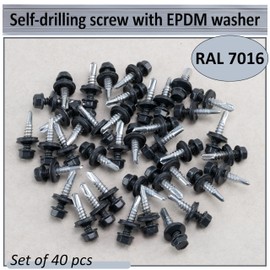AERZETIX - C77438 - Set of 40 self-drilling self-tapping screws Ø5.5x25 mm + sealing washer EPDM - RAL 7016 - head print 8 mm hexagon - made of carbon steel