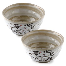 MIno Yaki(Ware) Handmade Japanese Rice Bowls Japanese Poem Cat, Set of 2, 4.5 inch
