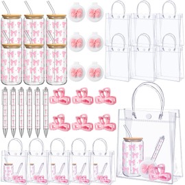 Daifunli 6 Set Baby Shower Game Prizes for Player Winners Pink Bow 17 oz Tumblers with Lids Straws Pink Bow Mirrors Pens Hair Clips Gift Bags for Baby Bridal Shower Wedding Party Favors