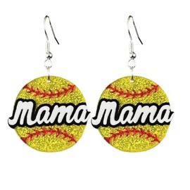 Pingyongchang MAMA Letter Sports Ball Glitter Acrylic Dangle Drop Earrings Cute Baseball Basketball Football Volleyball Softball Mom Earrings for Women Mother's Day Jewelry Gift-Softball