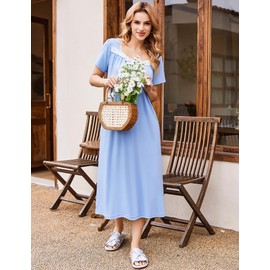 Ekouaer Nightgowns for Women Nightshirts Short Sleeve Soft Sleepwear with Pockets Long Nightdress Loungewear Light Blue