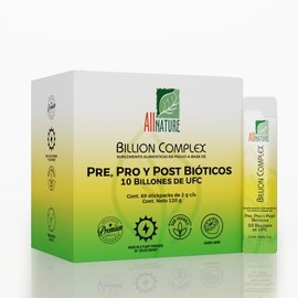 All Nature Billion Complex, Probióticos 10 Billones, Pre, Pro y Post Bióticos en Polvo, Sabor Limón, 60 Stickpacks de 2g, con Vitamina D3 y Zinc (60  