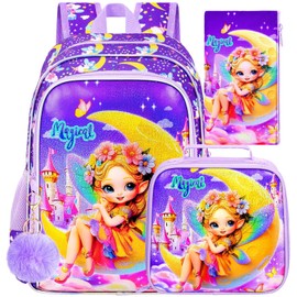 UFNDC 3PCS Backpack for Girls, 16" Kids Fairy Bookbag with Lunch Box, Water Resistant School Bag for Elementary Preschool Toddler