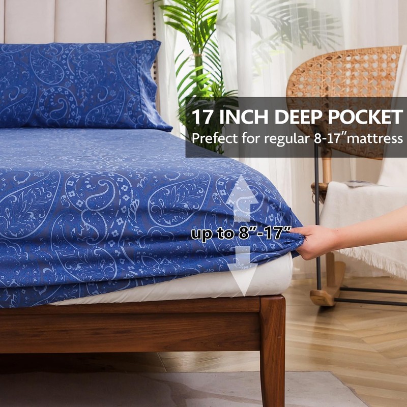 KACEMOO Bed Sheets King Size Navy Blue Paisley Sheets Printed