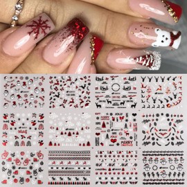 Christmas Nail Art Stickers Decals, Winter Nail Supplies, Xmas Elk Snowflake Snowman Designs White Black Red 3D Self-Adhesive Nail Decorations for Women Girls DIY in Winter Daily Life 12 Sheets