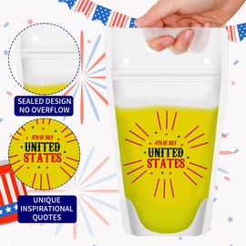 48 Sets 4th of July Drink Pouches with Straws Patriotic Plastic Drink Bags with Zipper Reusable Drink Pouches Fourth of July Beverage Bags Juice Pouches for Independence Day Party Supplies, 6 Styles