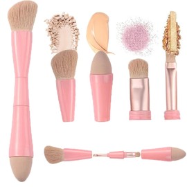 Viaje rochas para maquillaje, Brochas de Viaje, 4 en 1 Juego de brochas de maquillaje, brocha para base de doble punta para base, corrector, cejas, sombra de ojo, con 2 esponjas cosméticas (Azul)