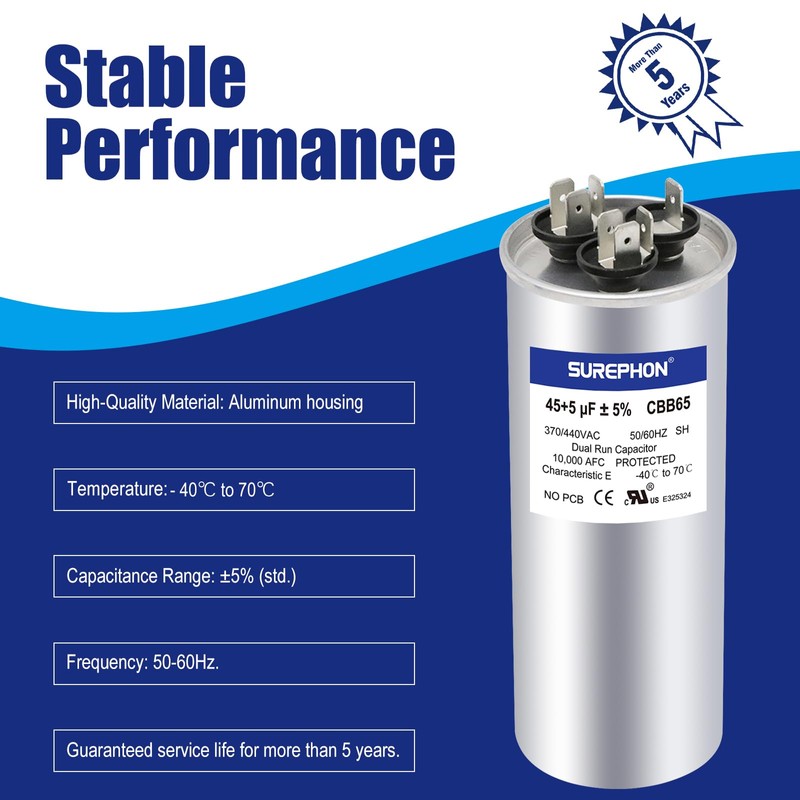 SUREPHON 45+5 uF 45/5 MFD ±5% 370V/440VAC Dual Run Start