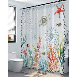 Coastal Blue Shower Curtain with Black Scalloped Border,Ocean Coral Starfish Bathtub Curtain Waterproof Fabric Shell Nautical Seagrass Boho Hotel Style Bathroom Decor with Hooks Washable,72"W x 72"H