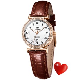OLEVS Womens Quartz Watches Brown Leather Straps Rose Gold Easy Reader Ladies Casual Dress Waterproof Date Wrist Watch