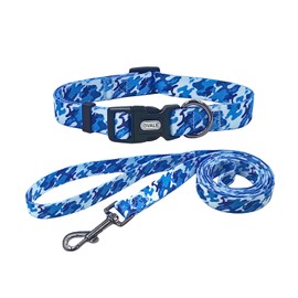 Ovale Dog Collar Leash Combo Set, Adjustable Collar and 5 ft Matching Leash, for Small Dogs.(S, Blue Camouflage)