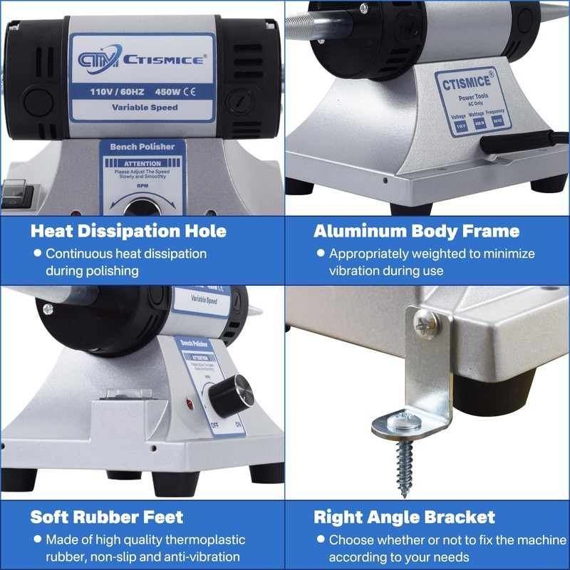 CTISMICE Jewelry Bench Polisher, Adjustable Variable Speed Benchtop Polishing Machine,