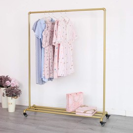 Industrial Clothing Rack on Wheels, Boutique Display Clothes Rack with Shelf, Rolling Garment Rack for Retail Use (Gold)