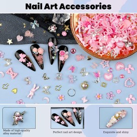 Sinyanail 3D Flower Nail Charms Set,150pcs Mixed Size Camellia Rose Resin Charms,150pcs Mixed Size and Color Leaves,100pcs Round White Pearl Beads for Nail Accessories Nail Art (26-Metal-Pink)