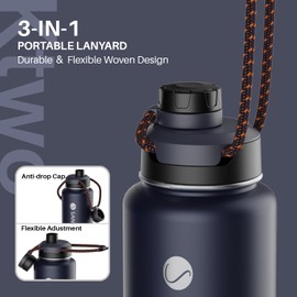 Insulated Water Bottles, Stainless Steel Flask with Lanyard & Wide Mouth Spout Lid, Leak Proof Double Wall Vacuum Drink Bottle, Keep Drinks Hot & Cold for Hiking Camping (Midnight Blue, 32oz / 950ml)