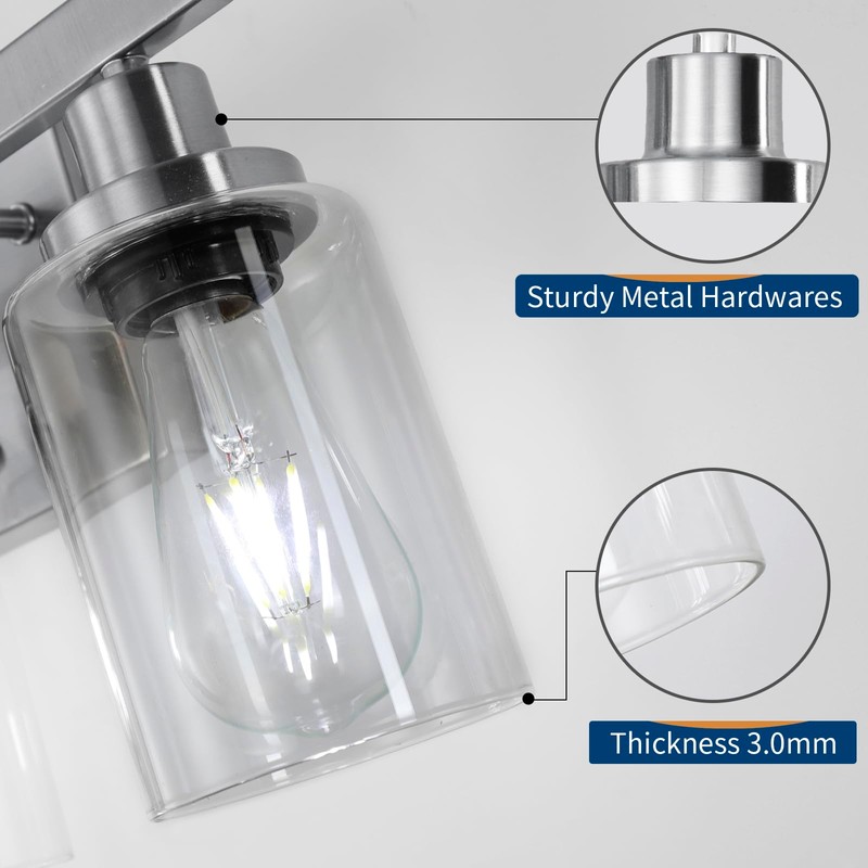 DIKAIDA 3-Light Bathroom Light Fixtures, Nickel Bathroom Vanity Light with