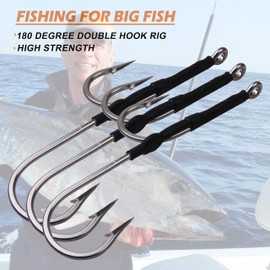 Double Hook Rig for Trolling and Chunking Offset Side Big Game Southern Tuna Stainless Steel Hook Forged Fishing Hooks for Catfish, Big Baits