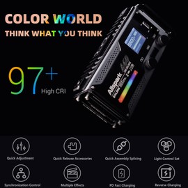 BOLING A60 On Camera Video Light, 60W RGBW LED Photography Light, 2500K-10000K CRI/TLCI 97, 0-360° RGB Color Gamut, Quick Function Adjustment, 22 Light Effects Modes with Honeycomb and Soft Box