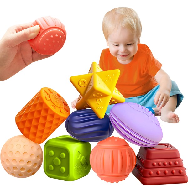 ROHSCE Montessori Toys - 8pc Sensory Balls for Baby, Soft Textured Multi Sensory Toys for Babies Massage Balls for Toddlers 1-3, Toy for 3 Month old Gift Set BPA Free Montessori Infant 6-12 Month toys