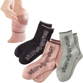 Heel Slimming Socks, Set of 3 Colors, Rose Pattern, with Moisturizing Sheet, Cotton Filled Material, for Sleeping, Women's, 8.7-9.6 inches (22-24.5 cm), Black, Pink, Green