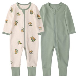 O2 BABY Organic Cotton Baby Footless Pajamas, Zip Front Baby Boys Girls Romper, Long Sleeve Sleep and Play (3-6 Months, Olive & Sage)