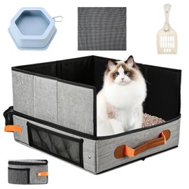 AMBAYLOG Travel Litter Box for Cats, Large Portable Collapsible Cat Litter Box with Hard Bottom & Splash Guard, Leak-Proof Travel Kit with Bowl, Scoop & Anti-Slip Mat, 19.7" x 15.4" x 5.1"