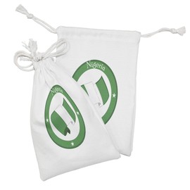 Lunarable Nigerian Fabric Pouch Set of 2, Bicolour Round Emblem Graphic with Country Stars Name and Flag Print, Small Drawstring Bag for Toiletries Masks and Favors, 9" x 6", Green and White