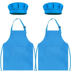 TOPWAYS Kids Apron and Chef Hat Set, kids Aprons for Cooking 2 Pack, Adjustable Toddle Kitchen Chef Apron, Kids Artist Painting Apron Bib with Two Pockets for Kids 3 4 5 6 years (2 x sky blue, L)