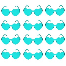 JFTOWN 12 Pairs Heart Shape Rimless Valentines Sunglasses Candy Color Frameless One Piece Love Glasses for Women Party Favor (Bright Cyan)