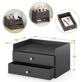 Bamboo Desk Organizer with Drawers Wooden Desktop Storage Drawers for Bills Office Supplies Kitchen Utensils Organizing Tool for Home Classroom Organization No Assembly (2 Drawers, Black)