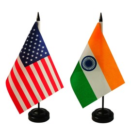 1 American and 1 Indian 8"x5" Miniature Desk & Table Flag, Includes 2 Flag Stands & 2 Small Mini Stick Flags, USA American & India Flags,India Room Flag