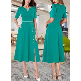 VFSHOW Womens 2025 Summer Work Business A-line Midi Dresses Pleated Notch Neck Front Slit Button Pockets Office Mid-Calf Fit and Flare Dress (Lake Green, XXX-Large) 11822 GRN 3XL