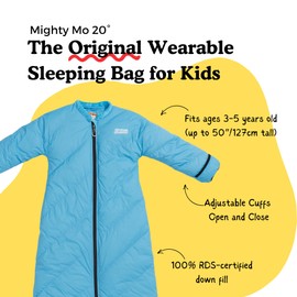 Mighty Mo 20° Down Kids Sleeping Bag (Ages 3-5). The Warmest, Lightest Camping Sleeping Bag for Kids Ages 3-5. (Bayberry Blue)