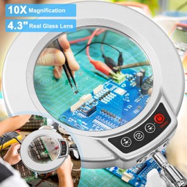 10X Magnifying Glass with Light and Clamp, Real Glass Stand Lighted Magnifier, 5 Color Modes Stepless Dimmable LED Desk Lamp Hands Free for Crafts Hobby Reading Painting Close Work - Silver