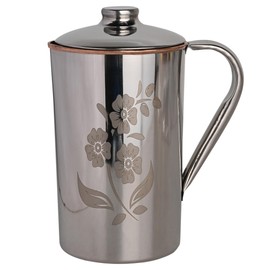 Copper and Stainless Steel Jug | Outer Stainless Steel and Inner Copper Jug For Ayurveda Health Benefits (1.5 Floral Pattern)