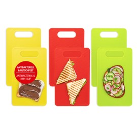 Coolinato Breakfast Boards, Plastic, Set of 6, 24.5 x 14.5 x 0.5 cm, Antibacterial Chopping Boards with Handle, 3 Colours, Kitchen Boards Dishwasher Safe