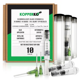 Kopperko 10 Pack Borosilicate Glass Syringe - 1ml Syringe, Heat Resistant Luer Lock Syringe for Labs - Glue Syringe for Use With Liquids, Glue, Oils, Ink - Bonus 14GA Blunt Tip Non-Hypodermic Needles