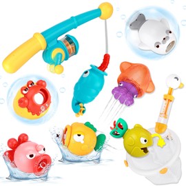 VBACALA Badespielzeug ab 1 2 3 Jahre,Badewannenspielzeug Angelspiel,Badespielzeug mit Angelstäbe Wasserpistolen Fischernetz Magnet Fische Wasserspielzeug Kinder Spielzeug Geschenk Mädchen Junge