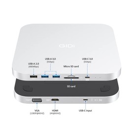 GIDi USB Type C Hub for Mac Mini w/ 2.5” HDD and SSD with SATA Port, 1x HDMI 4K 60, 1x VGA 1080p, 1x Type C (5gbps), 2X USB 3.0 Ports (5gbps), 1x USB 2.0, 1x Micro SD and 1x SD Card Reader