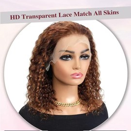 yuccy #4/27 Highlight Curly BOB Wig Human Hair 13x4 HD Lace Front Wigs Pre Plucked Deep Wave Human Hair Colored Wigs Human Hair Bob Wig for Black Women 250 Density wigs (Brown, 10inch)