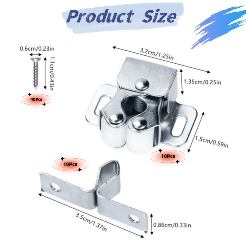 10 Pcs Double Roller Door Catches, Cabinet Latch Double Roller